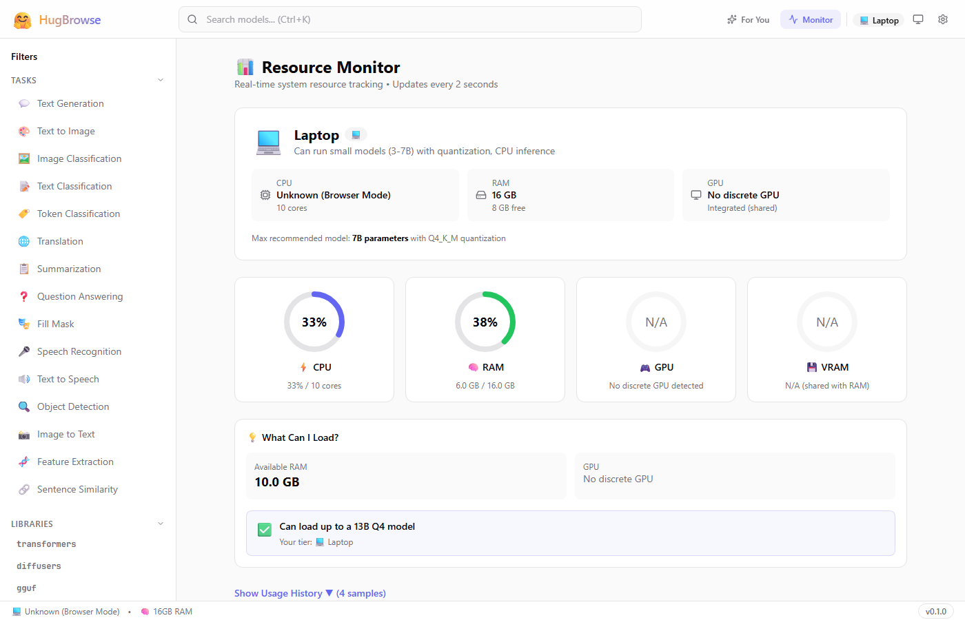 HugBrowse Resource Monitor showing CPU, RAM, GPU usage