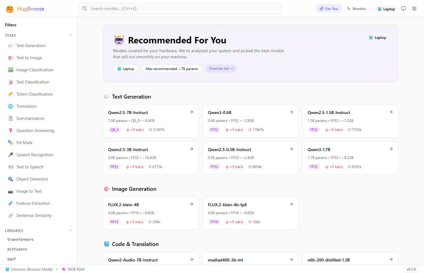 HugBrowse Recommendations showing models matched to your hardware