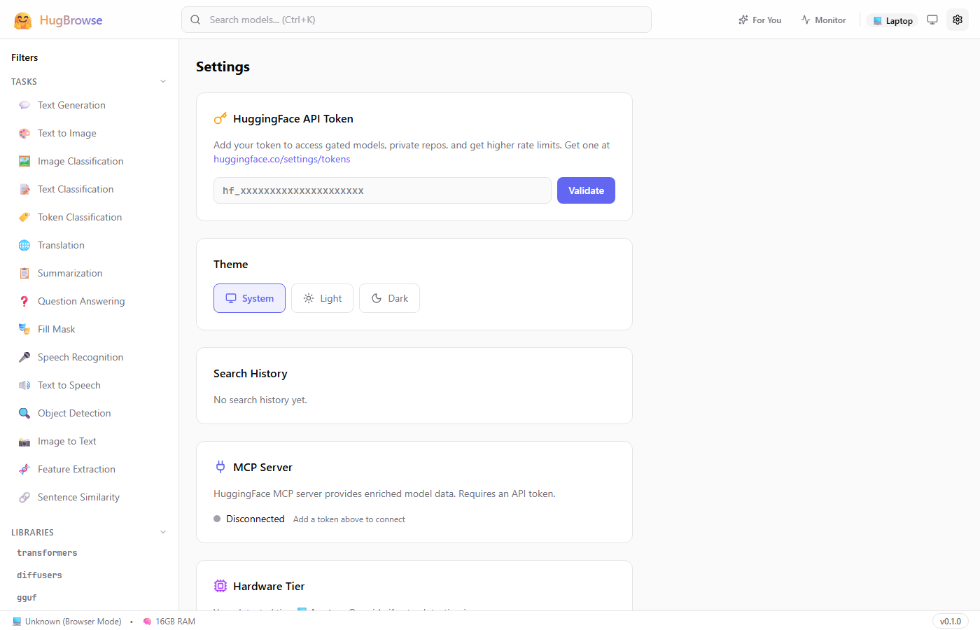 HugBrowse Settings panel